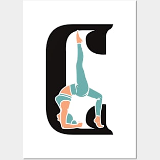 Sports yoga women in letter C Sticker design vector illustration. Alphabet letter icon concept. Sports young women doing yoga exercises with letter C sticker design logo icons. Posters and Art